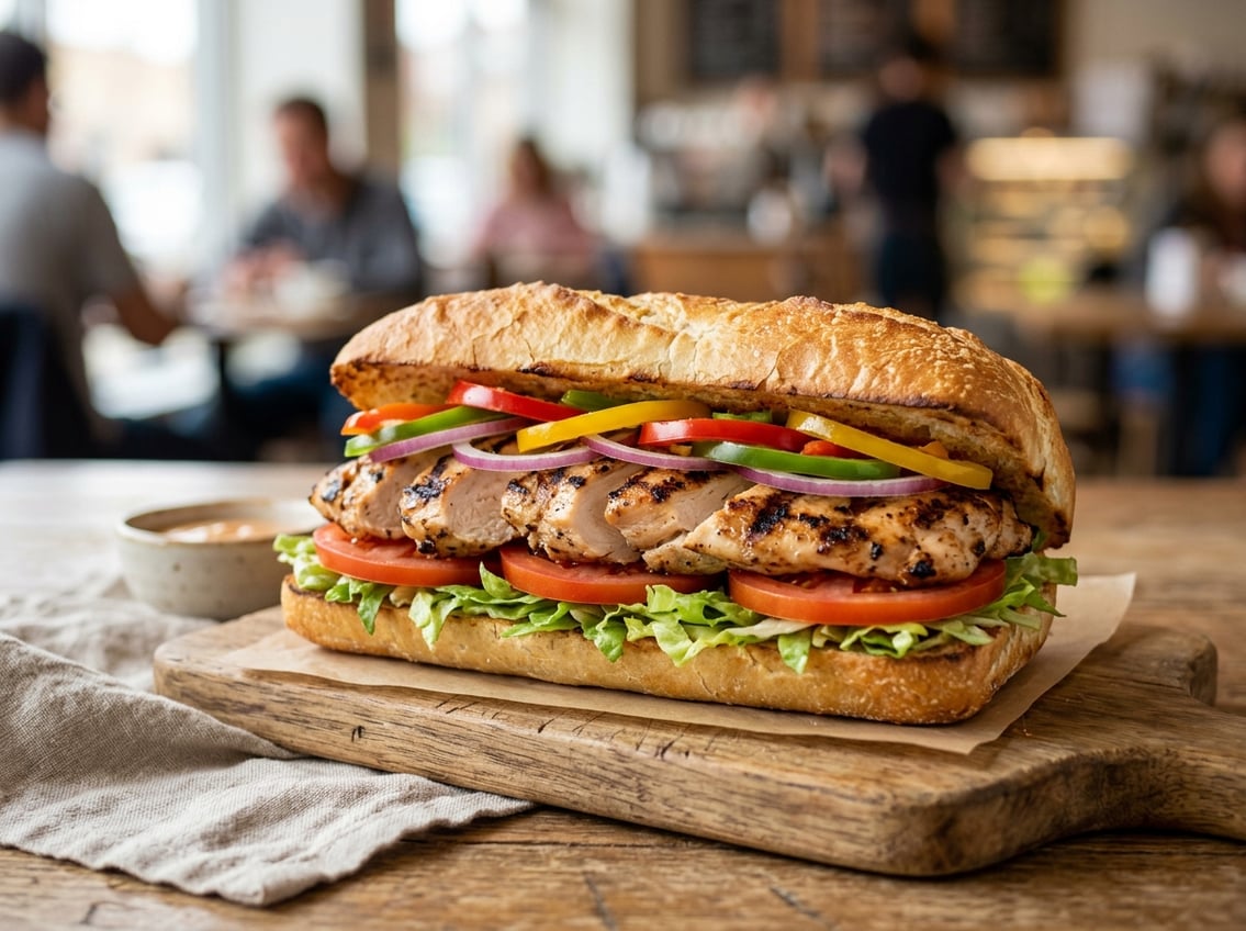 A close-up of a fresh chicken breast sandwich with lettuce, tomato, onions, and bell peppers on a toasted sub roll.