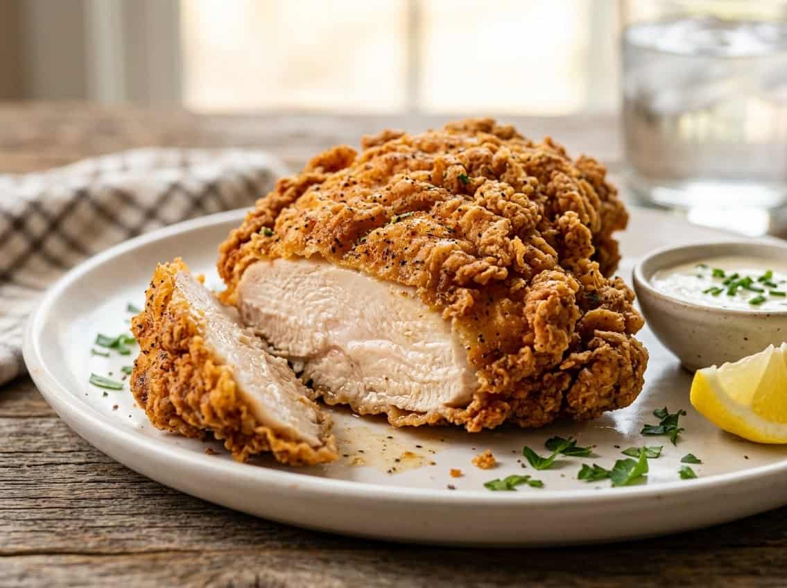 Close-up of a golden-brown fried chicken breast with a crispy crust and juicy interior on a white plate.