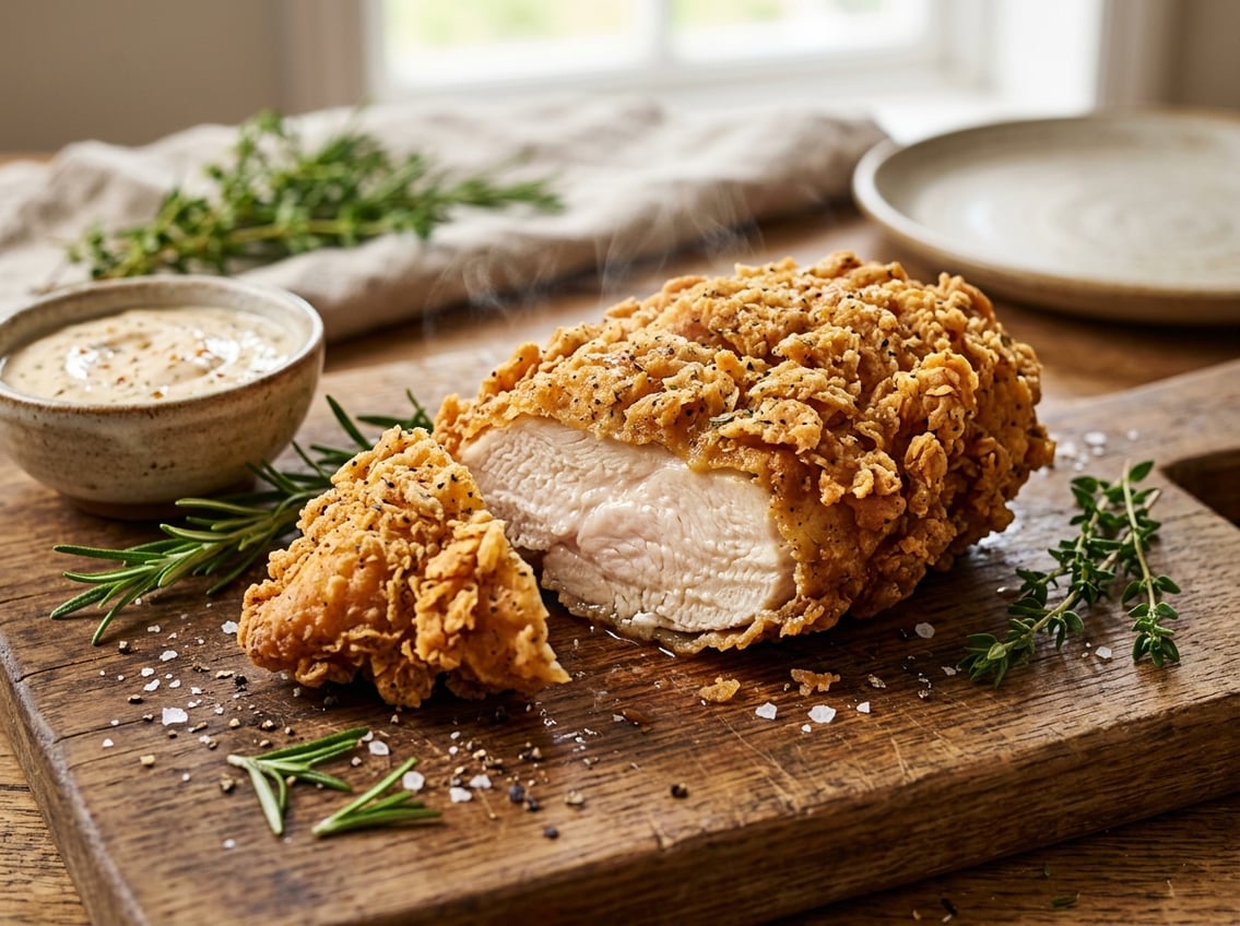 A golden brown crispy chicken breast on a wooden cutting board with fresh herbs and a small bowl of sauce.