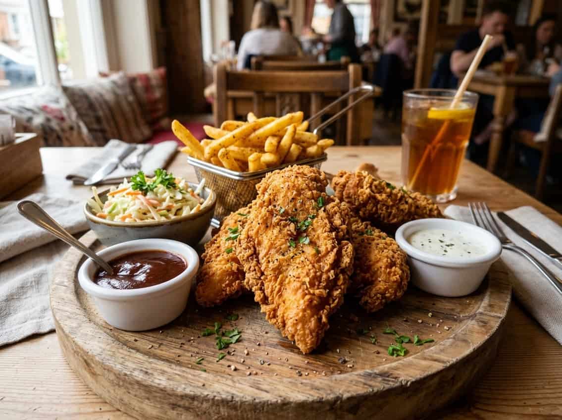A platter of crispy fried chicken breasts with French fries, coleslaw, and dipping sauces on a wooden surface.