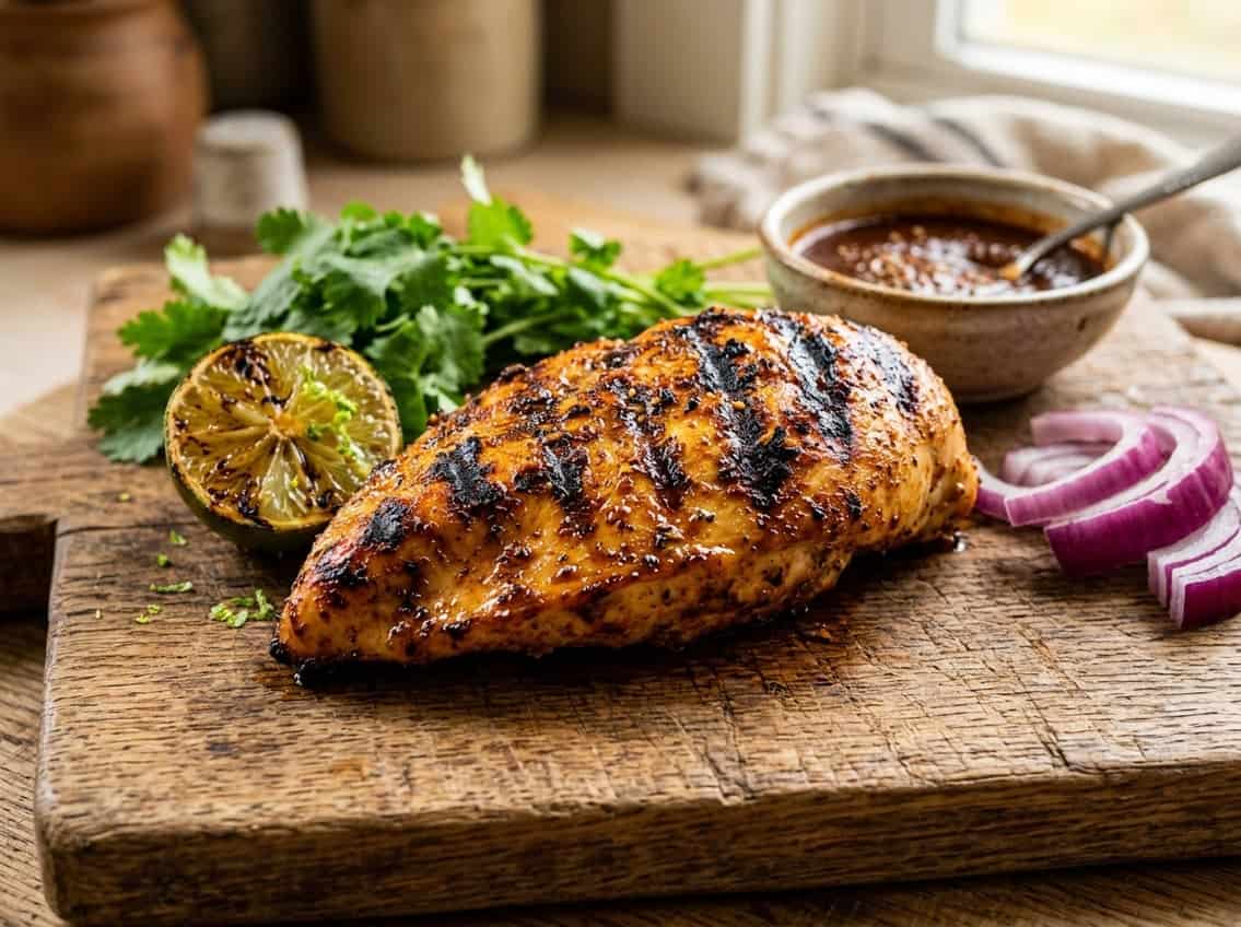 Grilled chicken breast seasoned with spices on a wooden board, surrounded by lime wedges, cilantro, and sliced red onions.