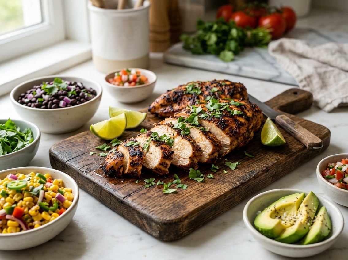 Slices of juicy, cooked chicken breast on a wooden board with fresh cilantro, lime wedges, and bowls of black beans, corn salsa, and avocado in a bright kitchen.