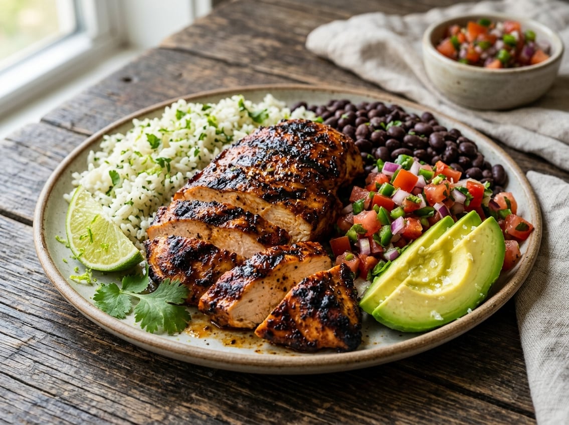 Close-up of grilled chicken breast with rice, black beans, pico de gallo, avocado slices, and lime wedge arranged on a wooden table.