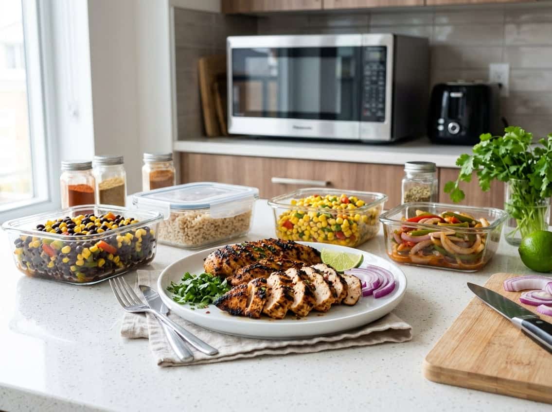 Sliced cooked chicken breasts seasoned like Chipotle on a white plate surrounded by glass storage containers with fresh ingredients on a kitchen countertop.
