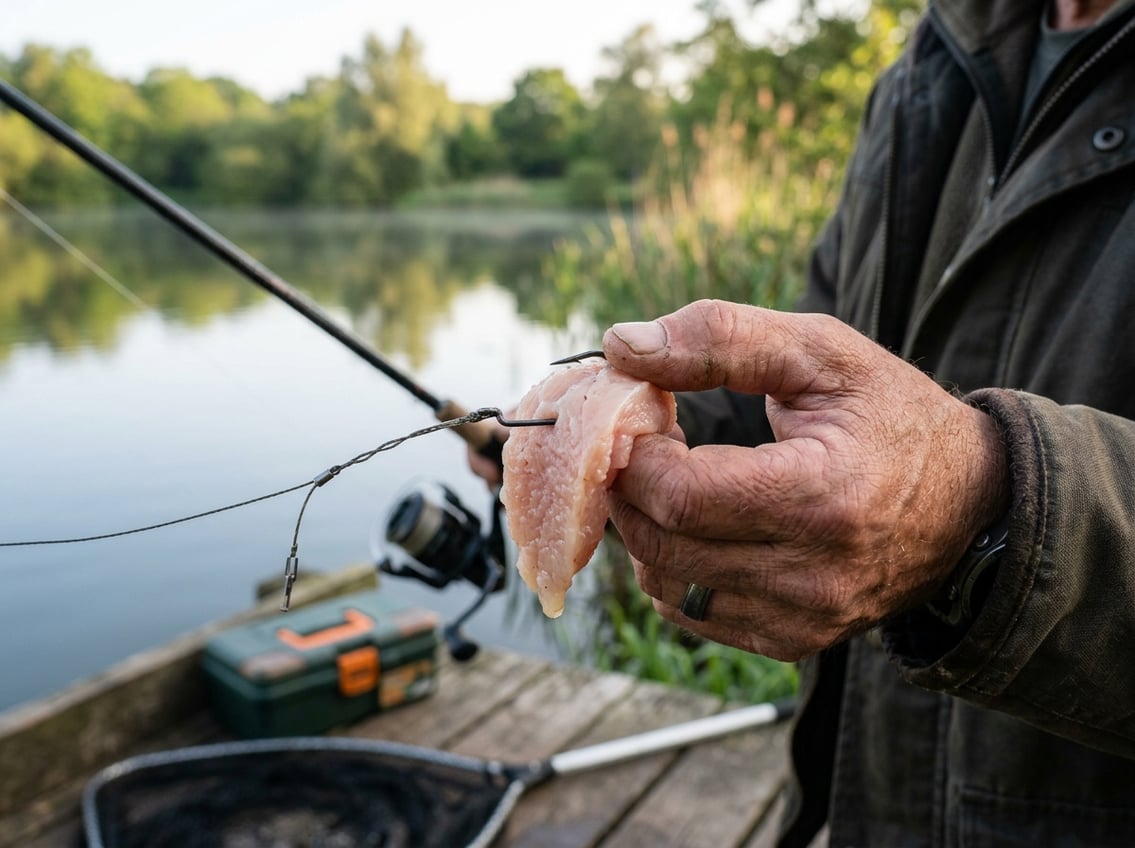 A fisherman's hand holding a piece of raw chicken breast hooked on a fishing line near a calm lake with fishing gear in the background.
