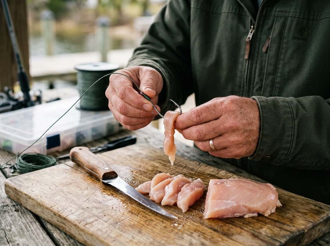 Close-up of hands preparing raw chicken breast as fishing bait on a cutting board.