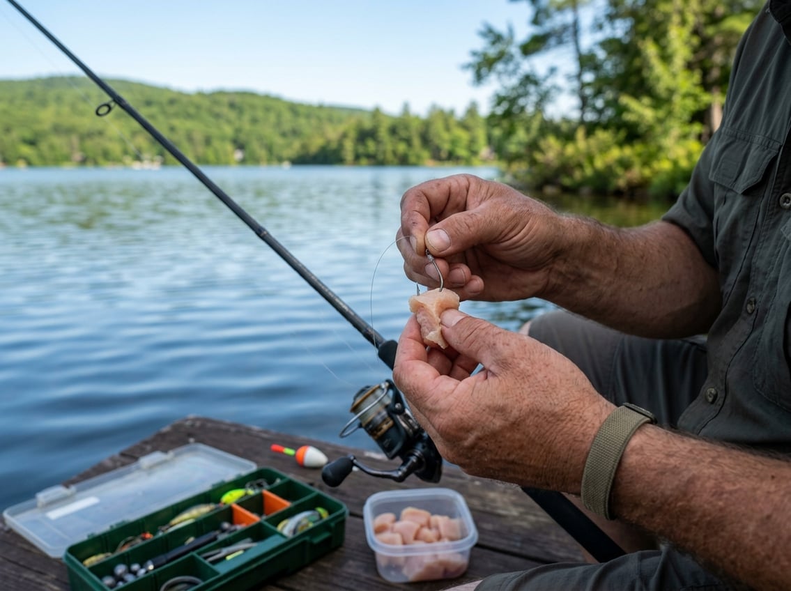 A person attaching a piece of raw chicken breast to a fishing hook by a calm lake surrounded by trees.