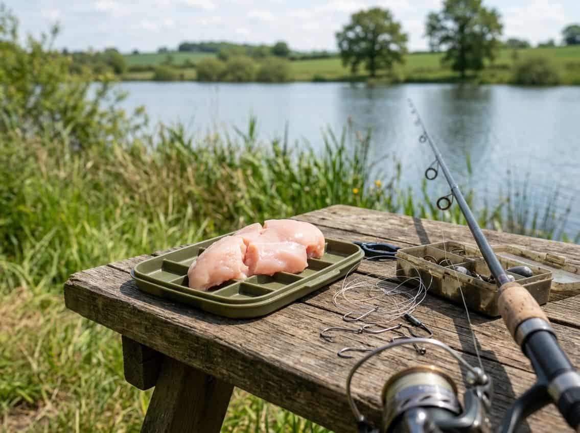 A fresh raw chicken breast on a fishing bait tray with fishing hooks and a rod on a wooden table near a river.