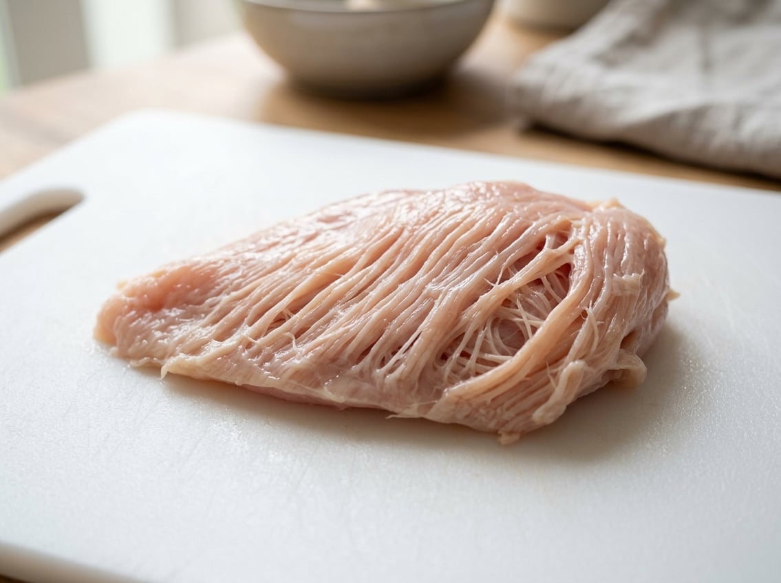 Close-up of a raw chicken breast showing a stringy texture similar to spaghetti on a white cutting board.