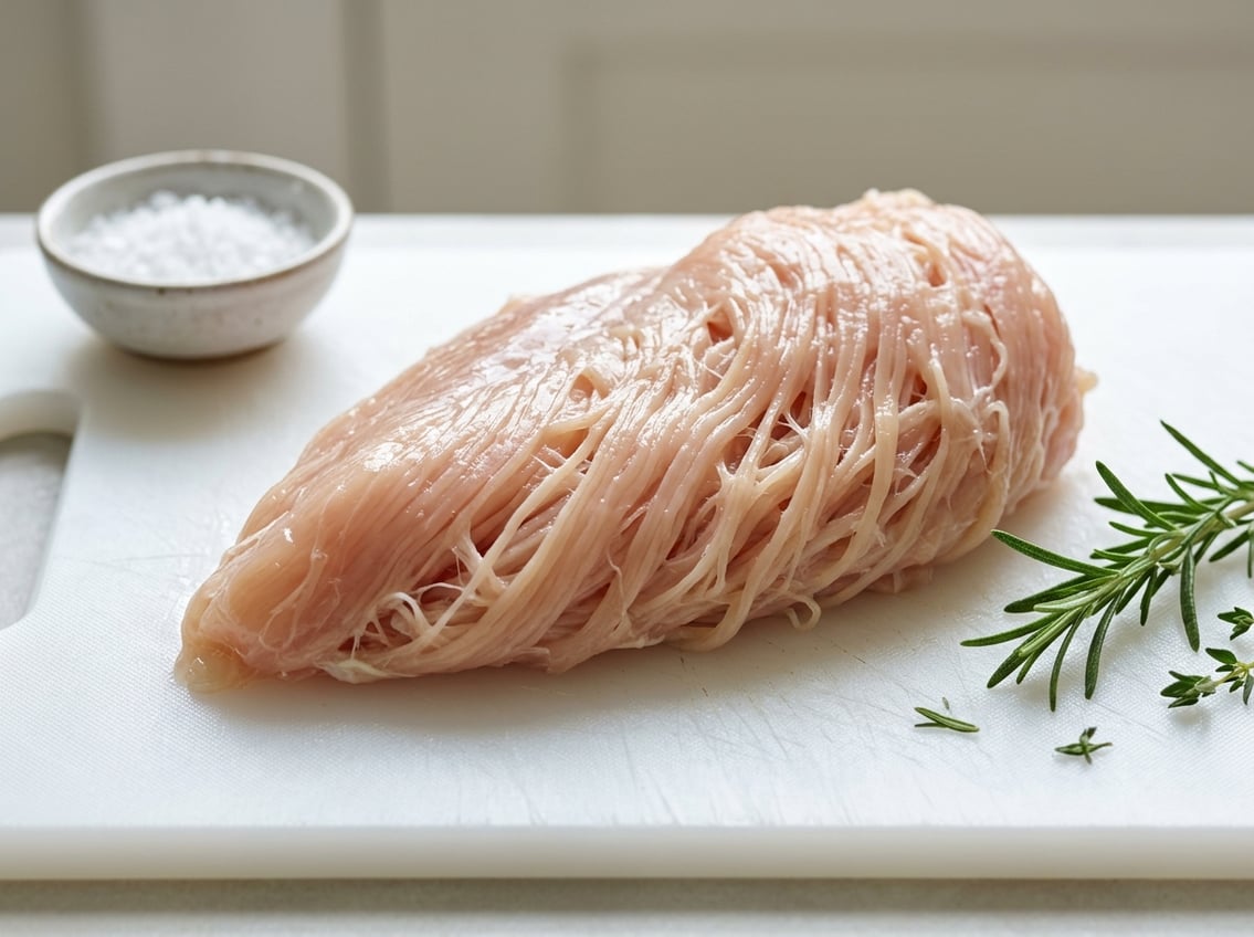 Close-up of a raw chicken breast showing a fibrous texture with thin separated strands on a white cutting board with herbs nearby.