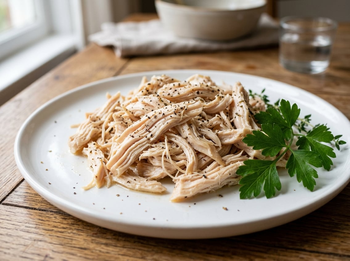 Close-up of shredded cooked chicken breast resembling thin spaghetti strands on a white plate with fresh herbs.