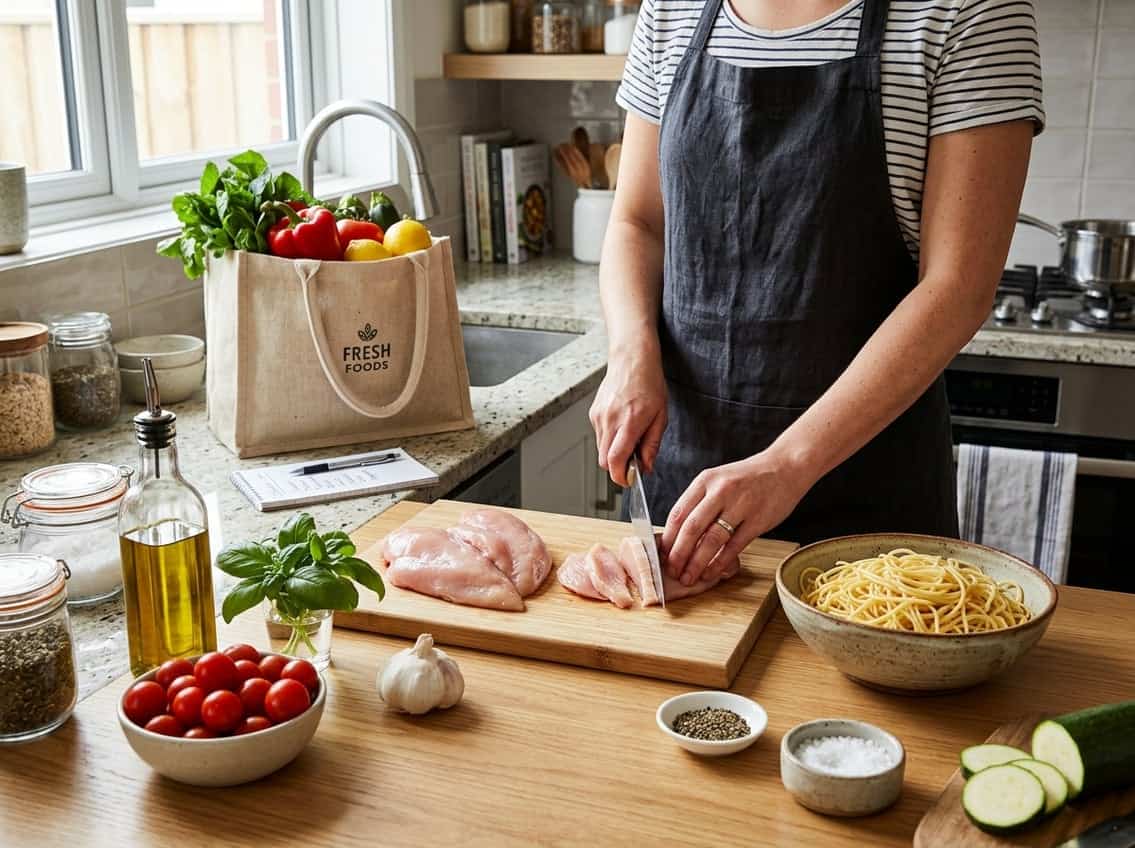 Hands preparing chicken breasts next to cooked spaghetti and fresh ingredients on a kitchen countertop.