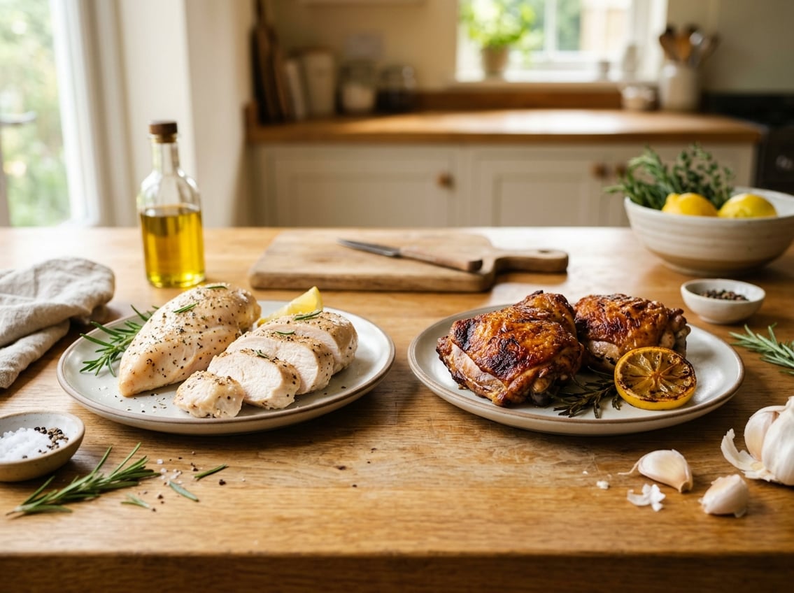 Two plates on a kitchen countertop, one with cooked chicken breasts and the other with cooked chicken thighs, surrounded by fresh herbs and lemon wedges.