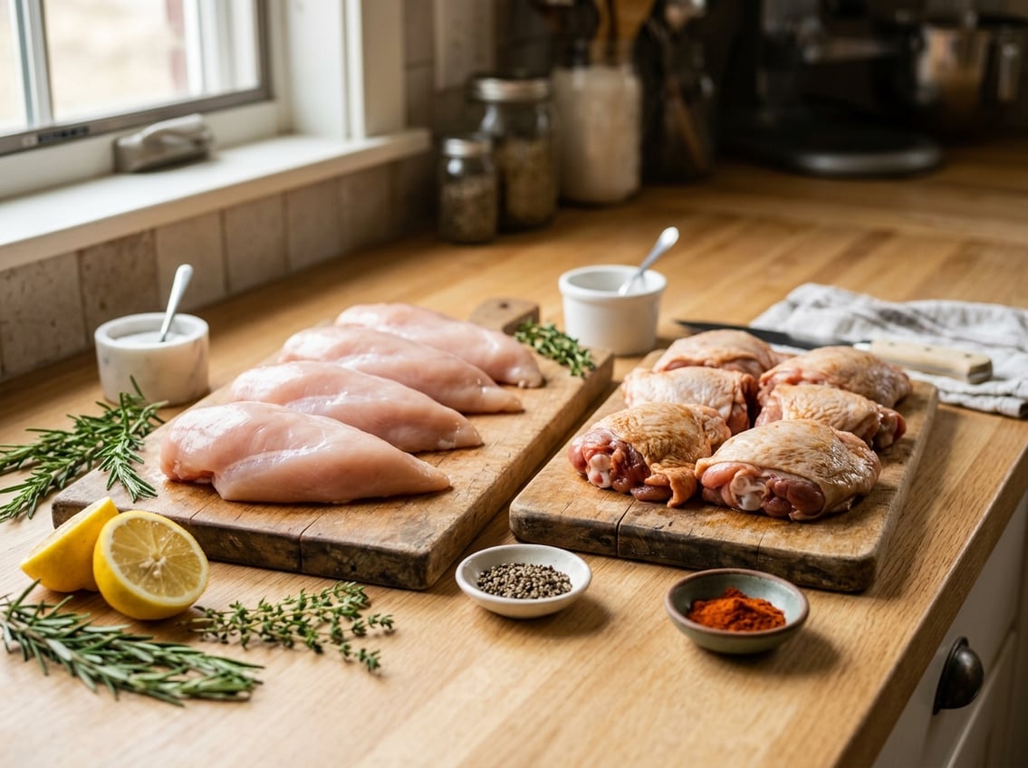 Two wooden cutting boards on a kitchen countertop, one with raw chicken breasts and the other with raw chicken thighs, surrounded by fresh herbs and spices.