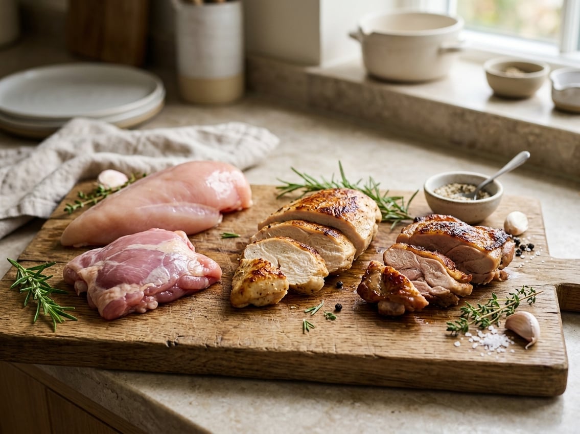 Close-up of raw and cooked chicken breast and thigh pieces on a wooden cutting board with fresh herbs and seasoning in a kitchen setting.