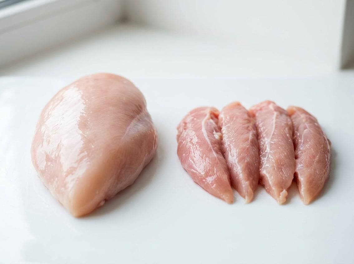 Two raw chicken cuts side by side on a white surface: a chicken breast and several chicken tenderloins.