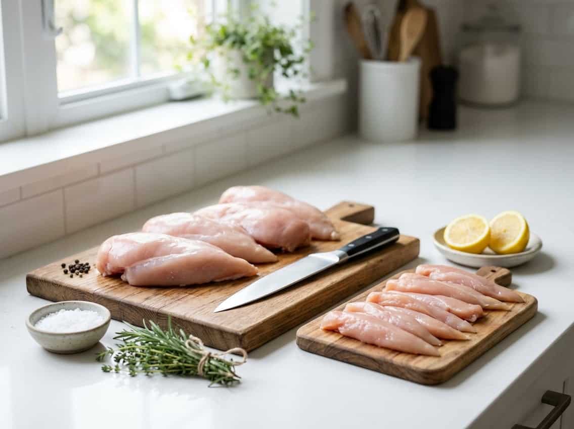 Fresh raw chicken breast and tenderloin pieces on separate cutting boards with herbs, lemon, and a knife on a kitchen countertop.
