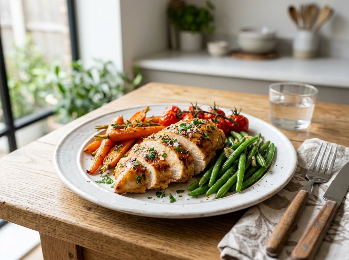 A plated cooked chicken breast with fresh herbs and colorful vegetables on a white plate.