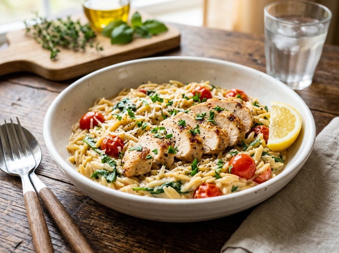 A bowl of chicken breast orzo garnished with parsley and lemon on a wooden table with kitchen items in the background.