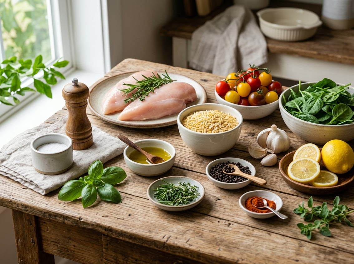 Fresh ingredients for a chicken breast orzo recipe arranged on a wooden kitchen table, including chicken breasts, orzo pasta, tomatoes, spinach, garlic, lemon, and herbs.