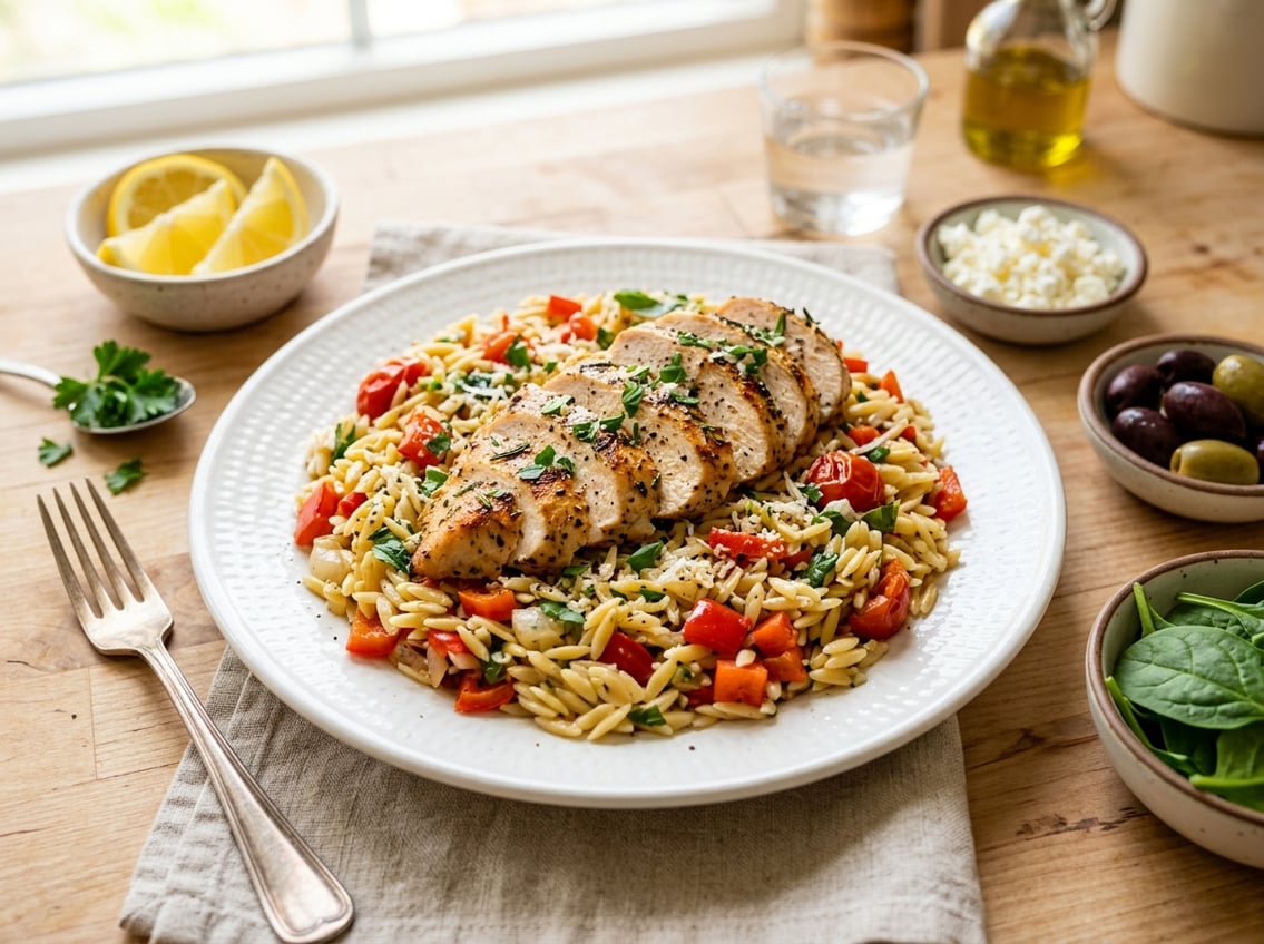 A plate of grilled chicken breast slices served over orzo pasta with diced vegetables and fresh herbs, surrounded by small bowls of ingredient variations on a kitchen countertop.