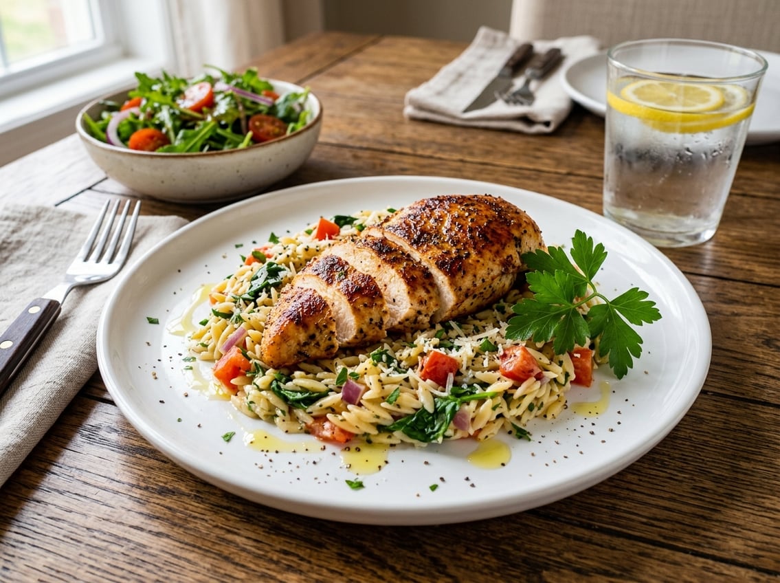 A plate of cooked chicken breast served on orzo pasta with vegetables and herbs on a wooden table.