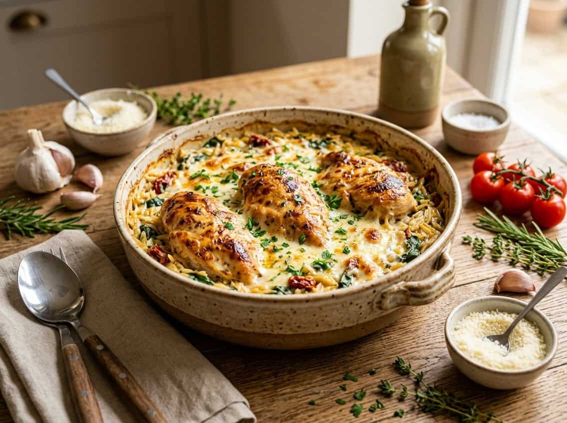 A baking dish with chicken breasts on a creamy orzo pasta casserole surrounded by fresh herbs and ingredients on a wooden table.