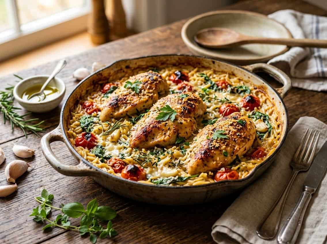 A baked chicken breast and orzo dish in a single pan with vegetables on a wooden table.