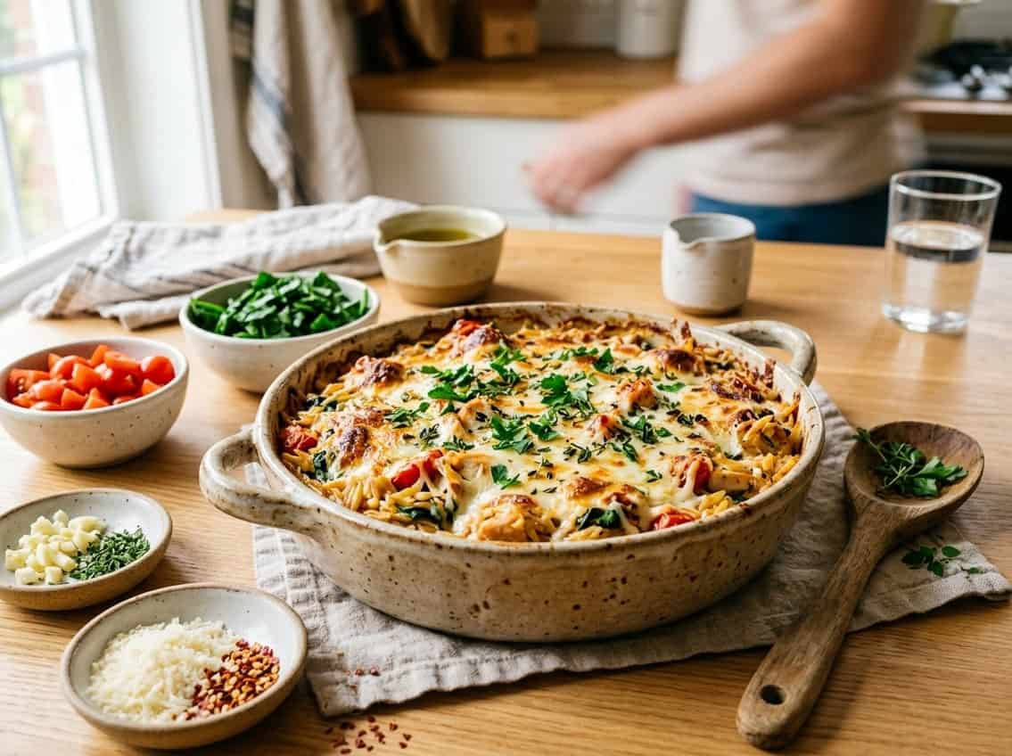 A baked chicken breast orzo casserole in a ceramic dish with bowls of fresh ingredients around it on a kitchen countertop.