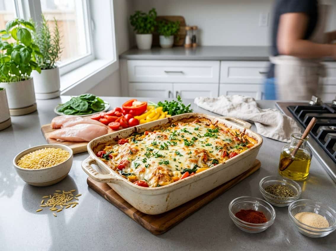 A freshly baked chicken breast orzo casserole in a baking dish on a kitchen countertop surrounded by fresh ingredients and spices.