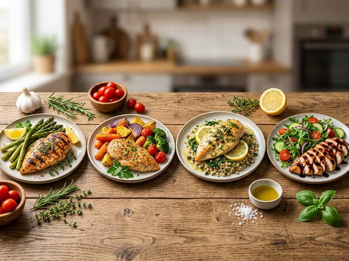 A selection of cooked chicken breast dishes with fresh herbs and vegetables on a wooden table.