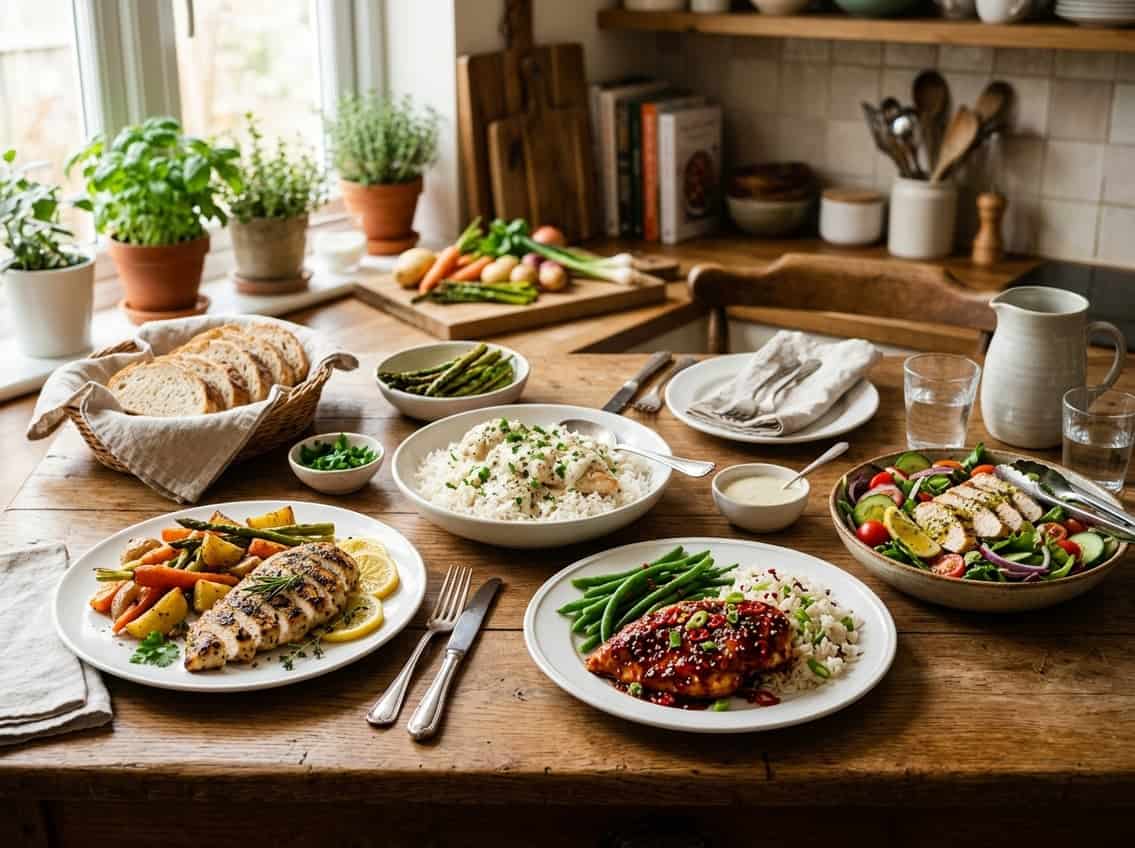 A table set with several different cooked chicken breast dishes, including grilled, creamy, spicy, and salad-style preparations, with side dishes and fresh ingredients in a kitchen setting.