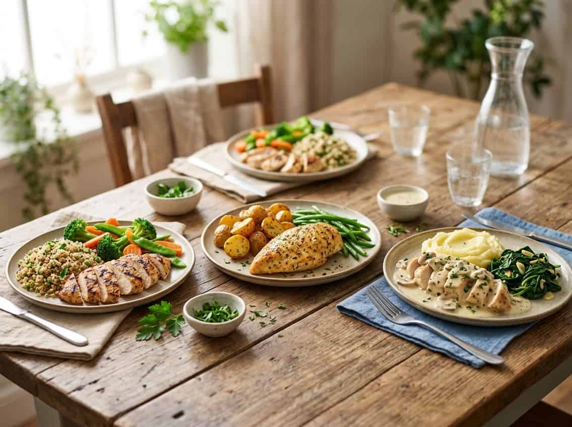 Several plates of different cooked chicken breast meals with vegetables and sides arranged on a wooden table.