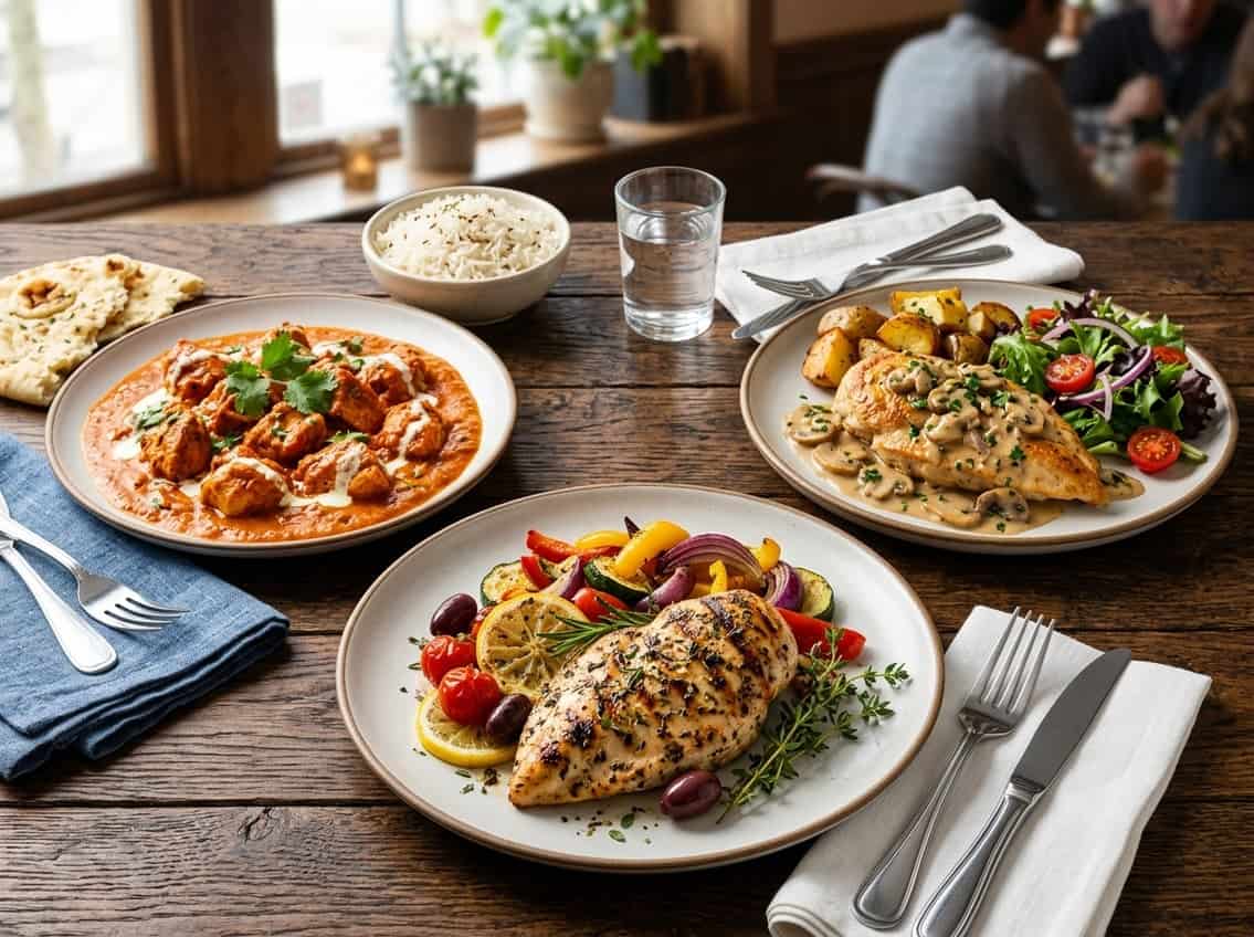 A table with several plates of cooked chicken breast dishes from different global cuisines, accompanied by side dishes like vegetables and rice.