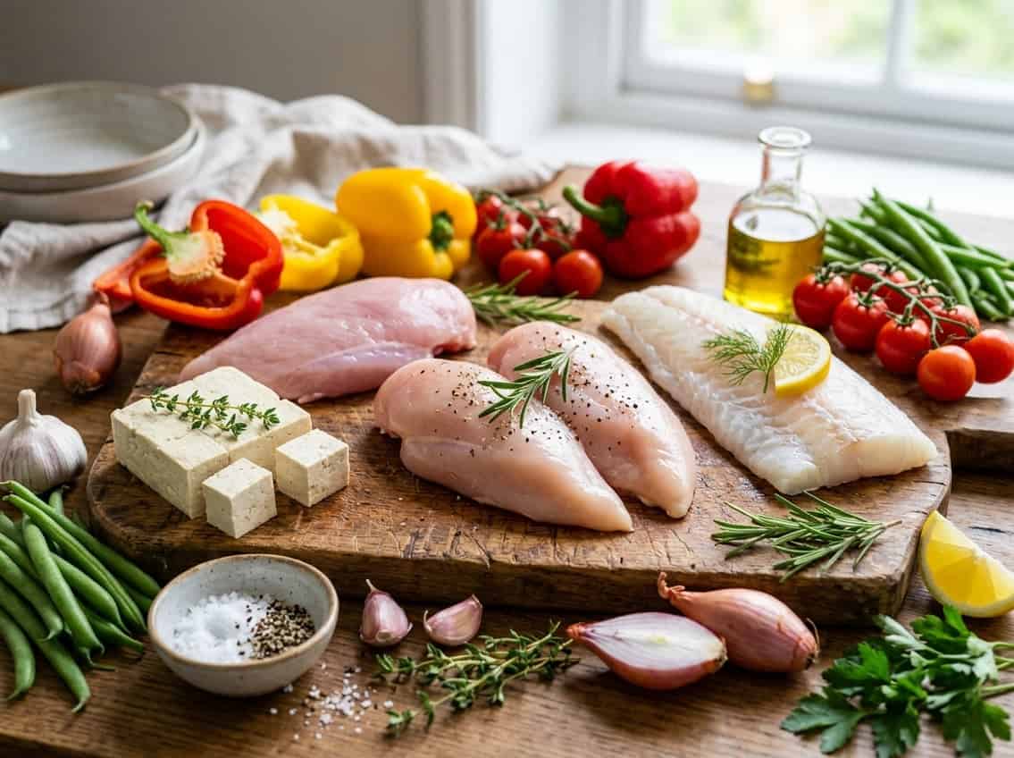 A variety of fresh raw chicken breasts and alternative protein ingredients arranged with herbs, lemon, garlic, and vegetables on a wooden surface.