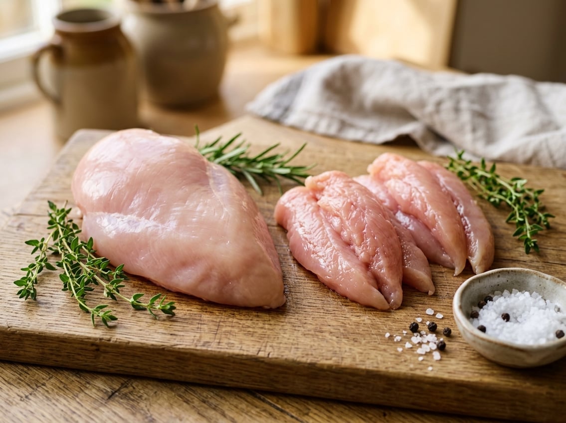 Close-up of raw chicken breast and tenderloin pieces on a wooden cutting board with fresh herbs and spices around them.