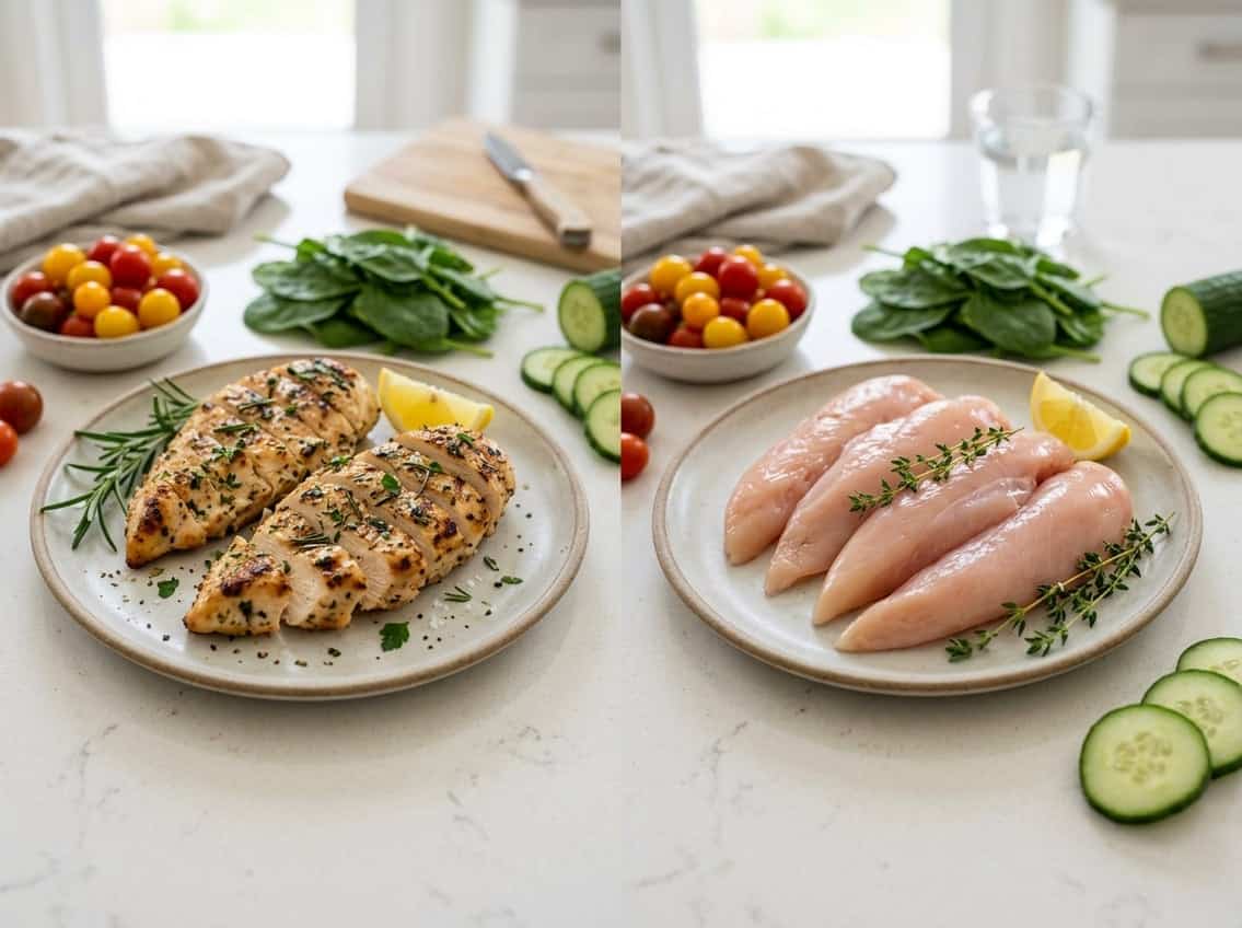 Two plates on a kitchen countertop, one with grilled chicken breast slices and the other with raw chicken tenderloins, surrounded by fresh vegetables.