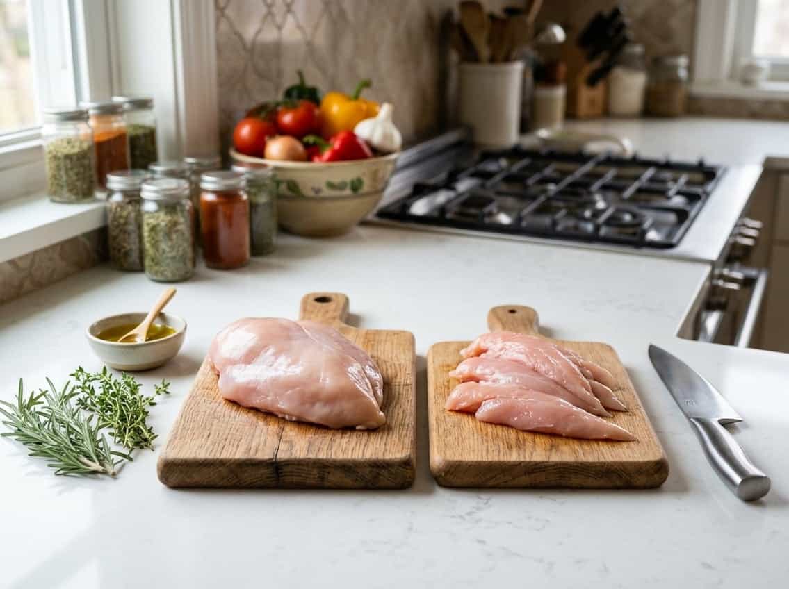 Raw chicken breast and tenderloin placed on wooden cutting boards with fresh herbs and kitchen tools on a countertop.