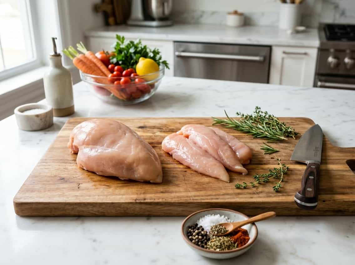 Raw chicken breast and tenderloin on a wooden cutting board with herbs and spices in a kitchen setting.