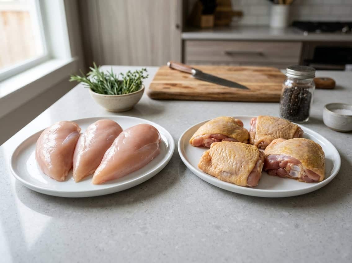 Two plates on a kitchen countertop, one with raw chicken breasts and the other with raw chicken thighs, showing their differences.