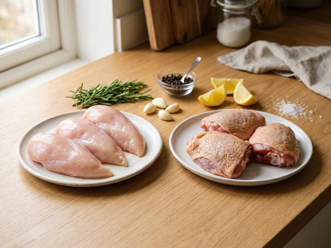 Two plates on a kitchen countertop, one with raw chicken breasts and the other with raw chicken thighs, surrounded by fresh herbs and lemon wedges.