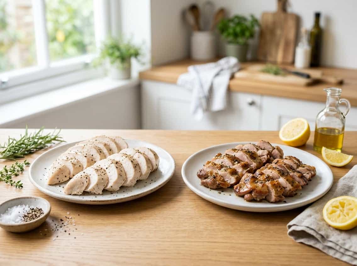 Two plates on a kitchen counter, one with sliced chicken breast and the other with sliced chicken thigh, surrounded by fresh herbs and lemon wedges.
