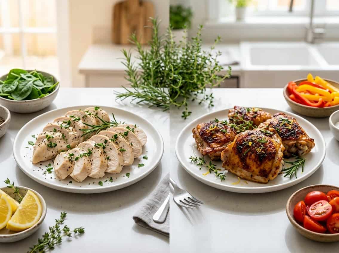 Two plates on a kitchen countertop, one with sliced chicken breast and the other with chicken thighs, surrounded by fresh herbs and vegetables.