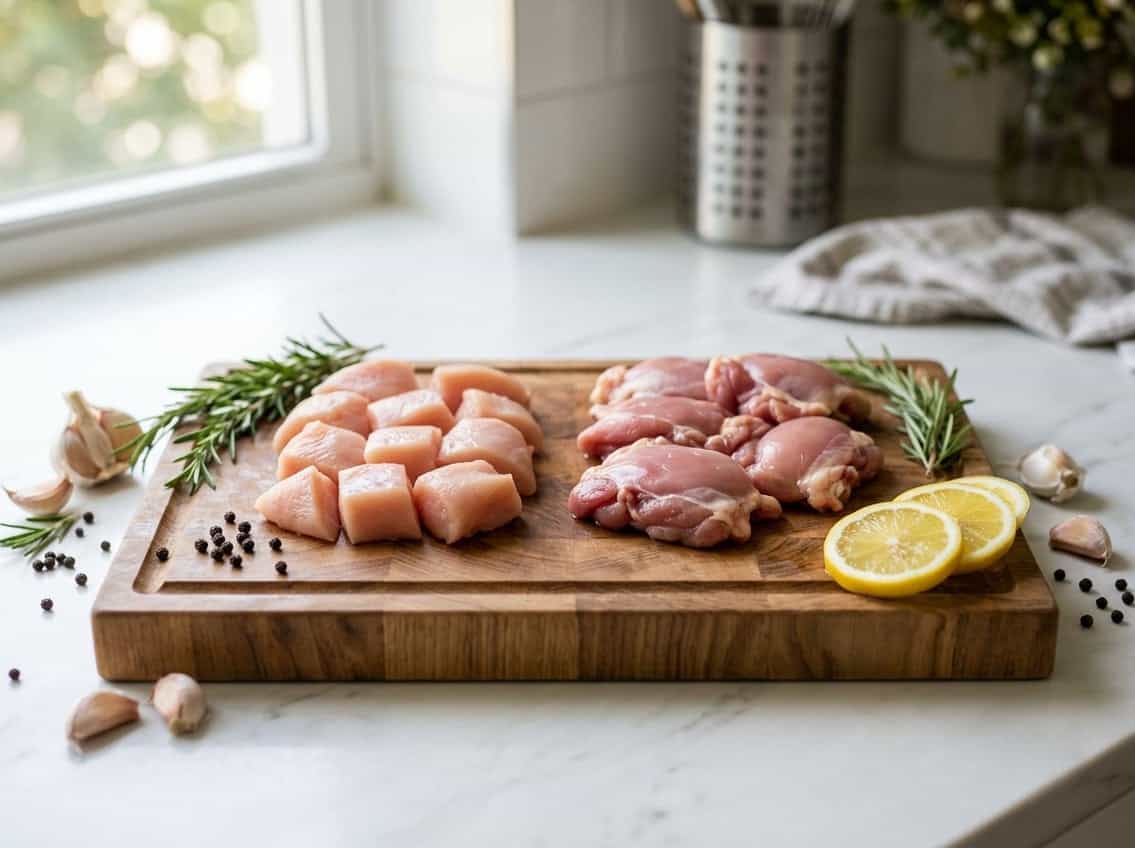 Raw chicken breast pieces and chicken thighs on a wooden cutting board surrounded by fresh herbs and spices.