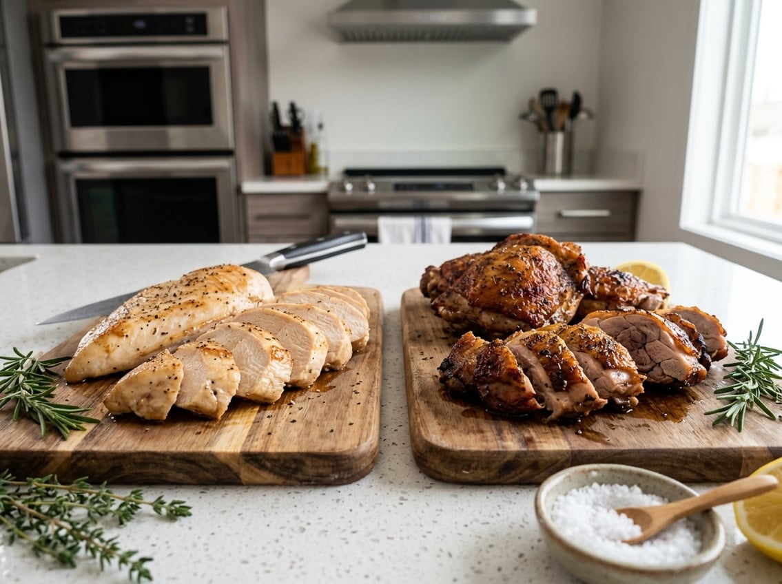 Two wooden cutting boards with cooked chicken breast slices on one and cooked chicken thighs on the other, surrounded by fresh herbs and lemon wedges on a kitchen countertop.