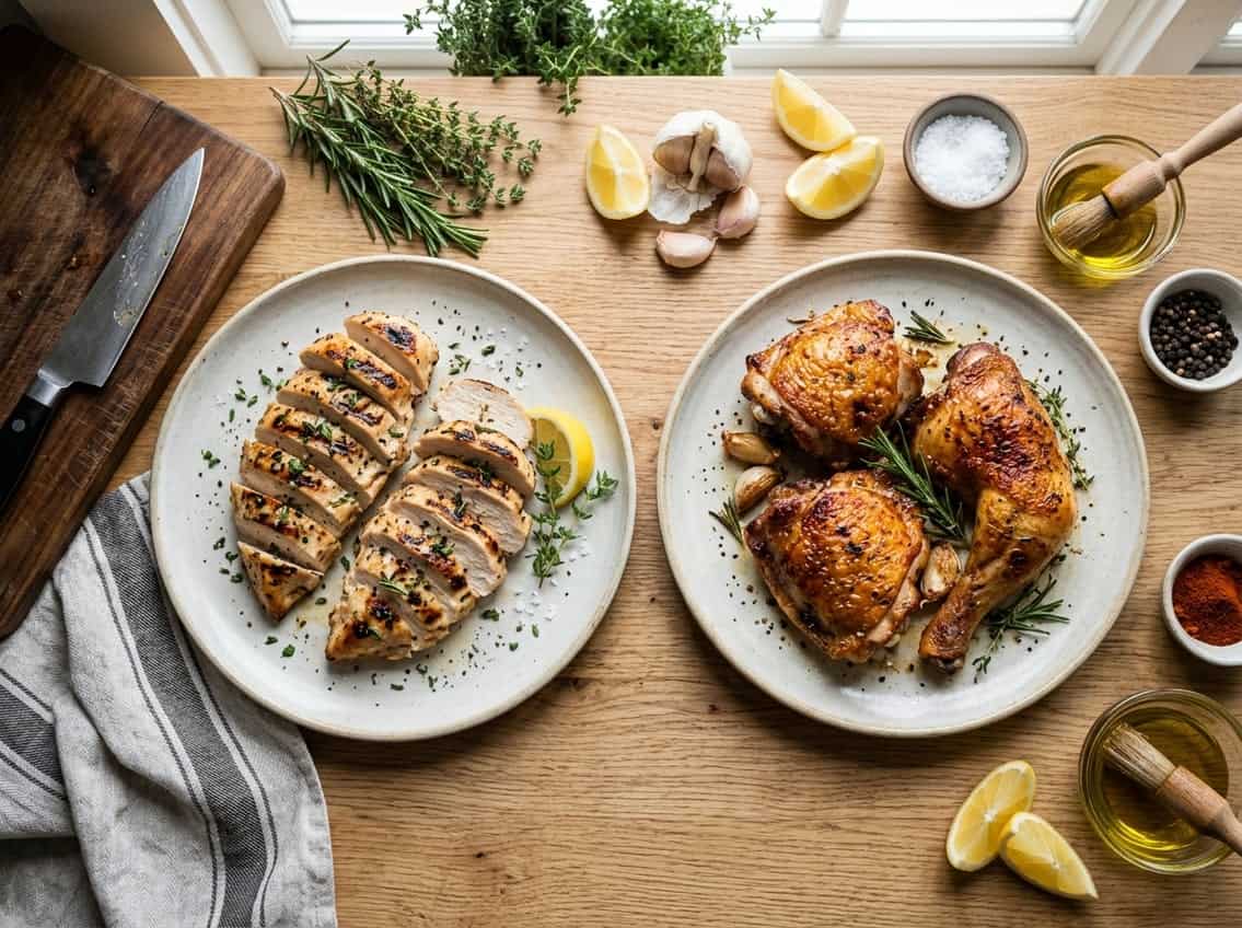 Two plates on a kitchen countertop showing grilled chicken breasts and roasted chicken thighs with fresh herbs and cooking ingredients around them.