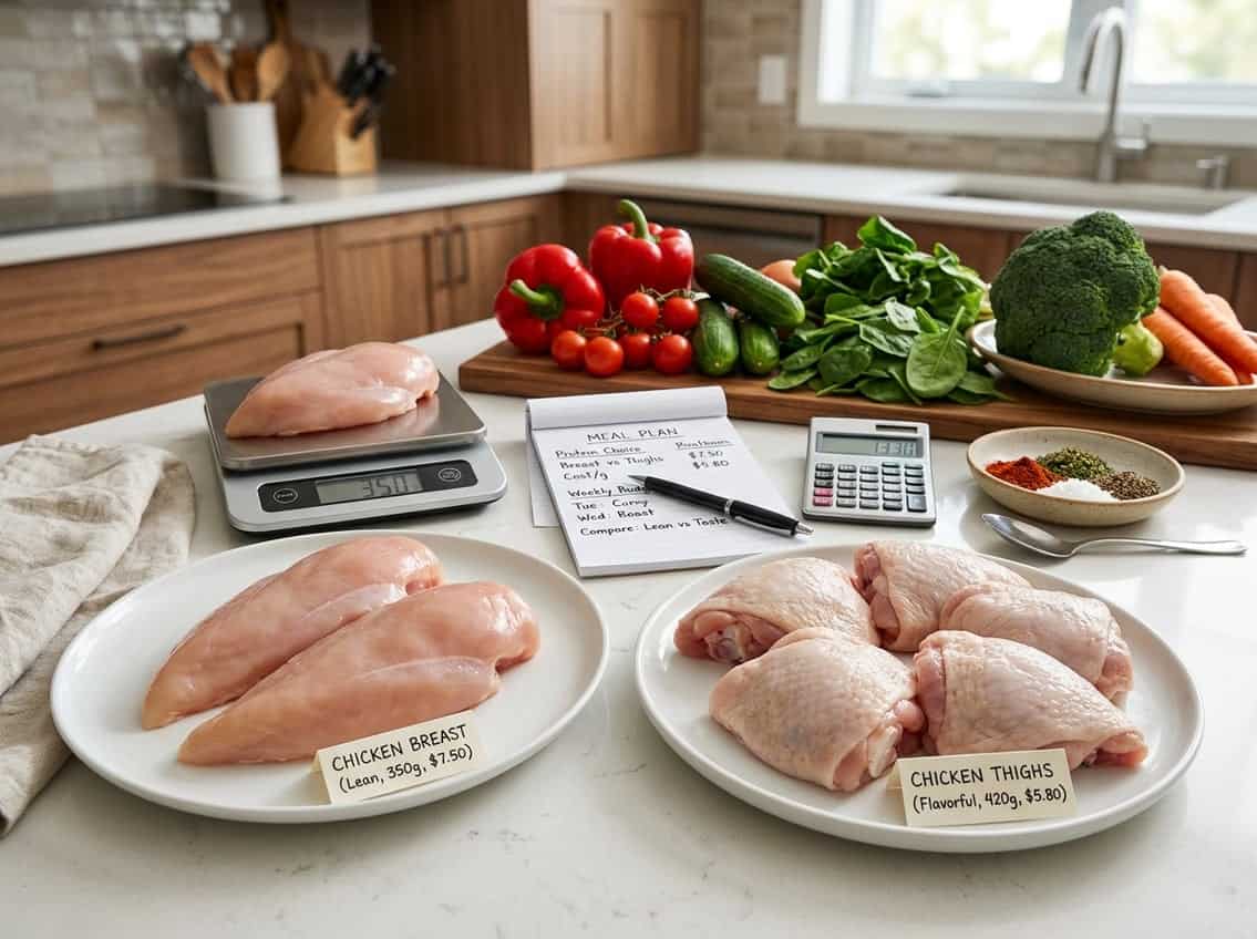 Raw chicken breast and thighs on plates with vegetables, a notepad, and a calculator on a kitchen countertop.