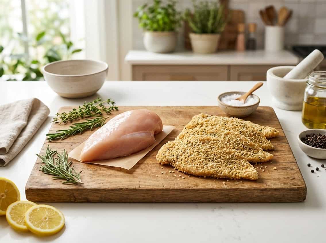 Raw chicken breast and breaded chicken cutlets displayed side by side on a wooden cutting board with fresh herbs and lemon slices nearby.