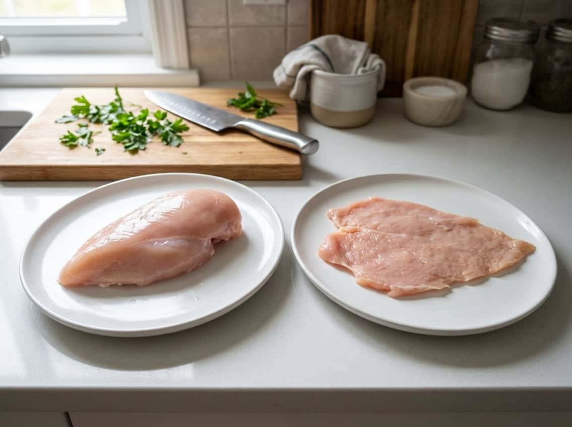 Two plates on a kitchen countertop, one with a whole chicken breast and the other with a flattened chicken cutlet, with kitchen utensils and herbs in the background.