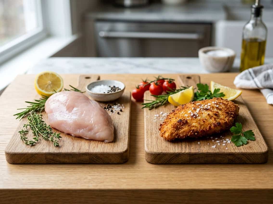 Two wooden cutting boards on a kitchen countertop, one with a raw chicken breast and the other with a cooked breaded chicken cutlet, surrounded by fresh herbs and lemon slices.